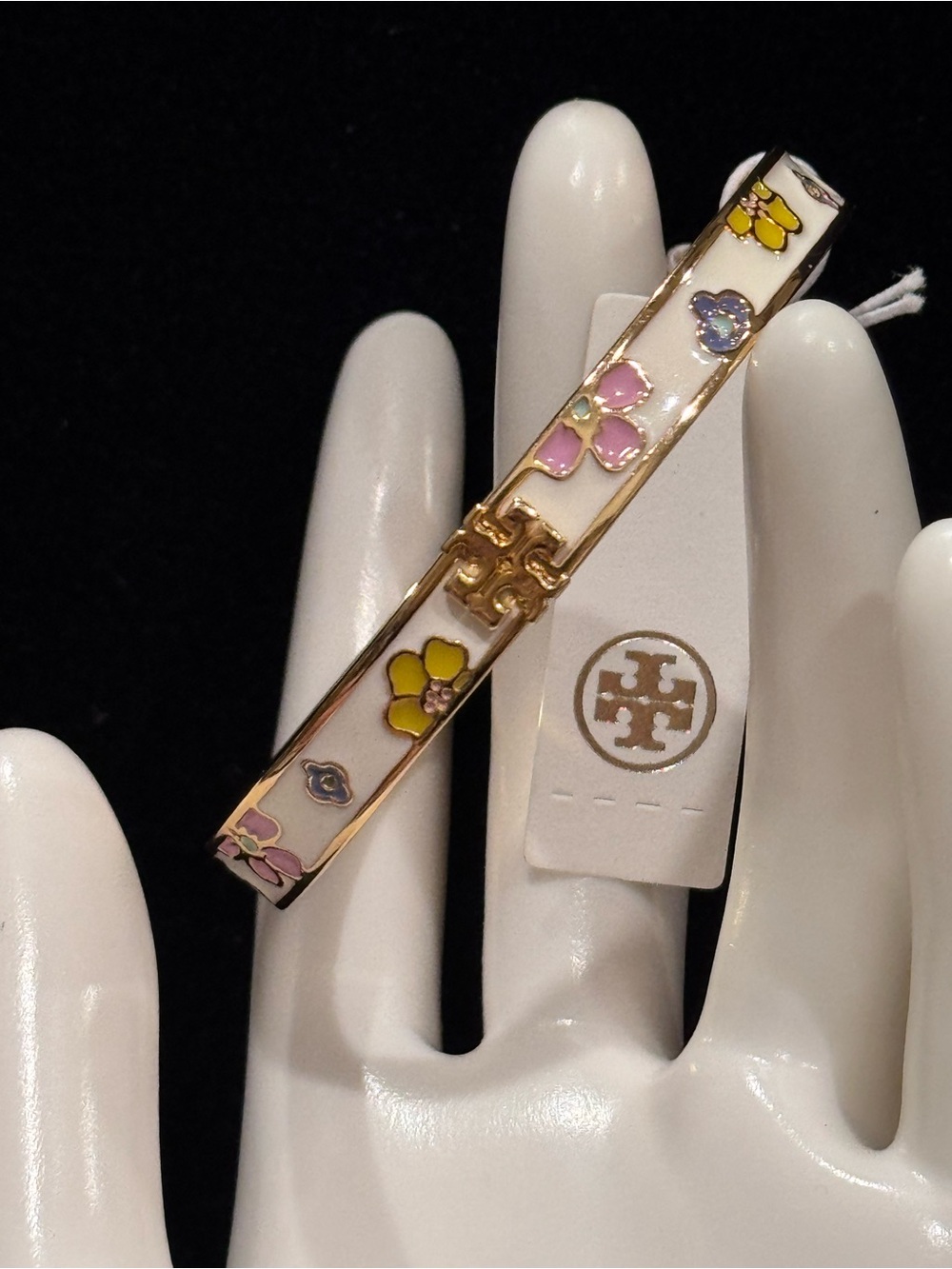 NWT Tory Burch Kira Flora-Print Enamel Hinged Bangle Bracelet Gold Cream